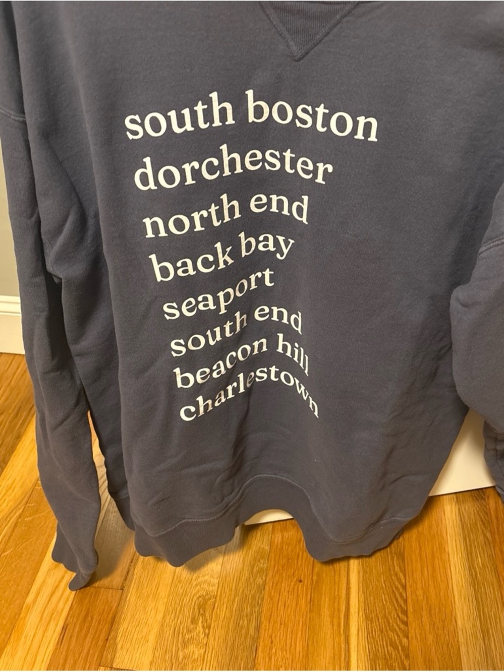 Women's Navy Crewneck Sweatshirt with Boston Neighborhood Print.